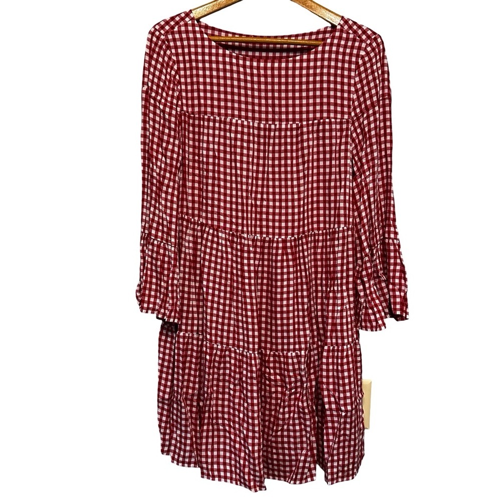 BeachLunchLounge Gianna Gingham Dress M Tiered Flare Sleeve Red White Cottage